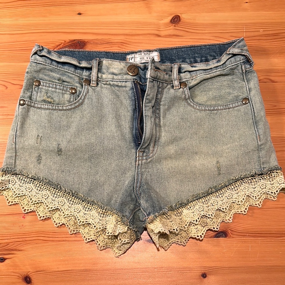 Free People Blue Jean Shorts with Lace Trim